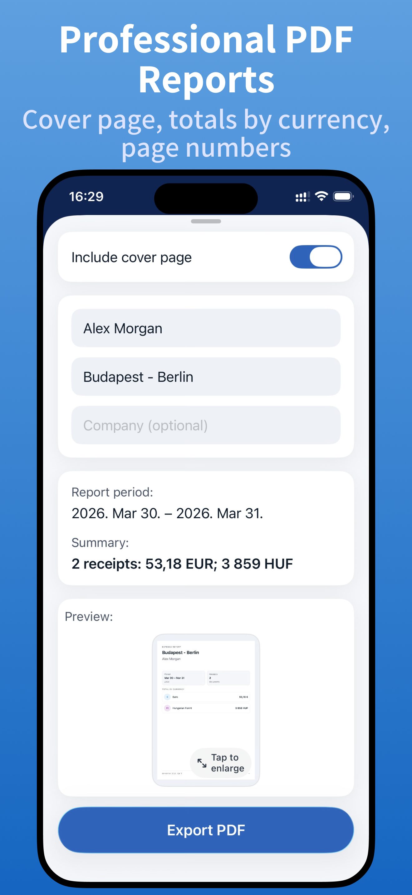 Expense report with multiple receipts and multi-currency totals
