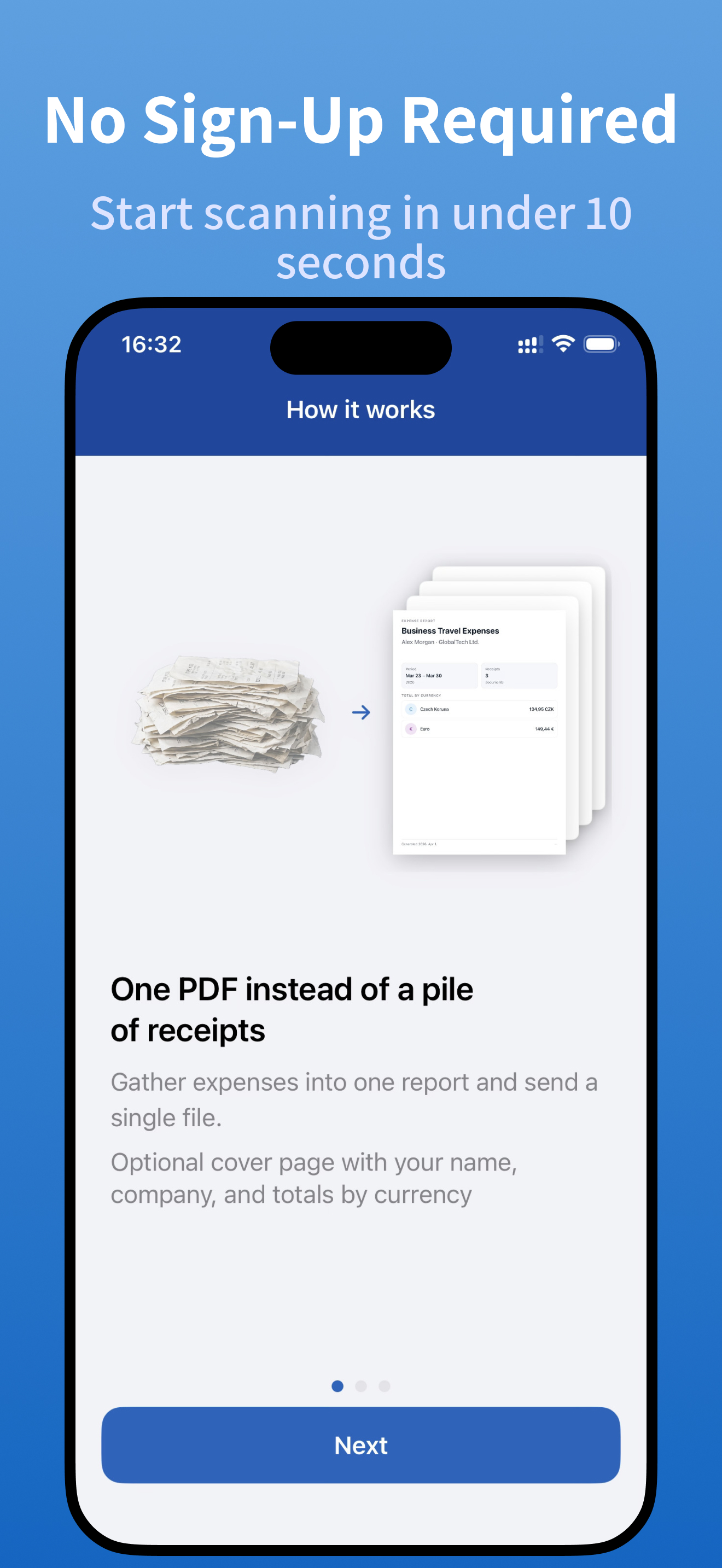 Sharing a PDF expense report via email or messenger
